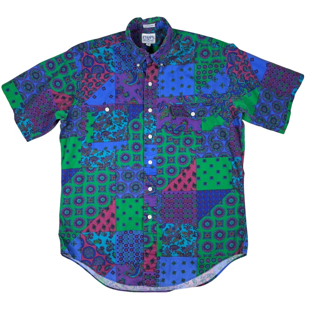VTG Chaps Ralph Lauren Mens M Patchwork Paisley Button Down Short Sleeve Shirt